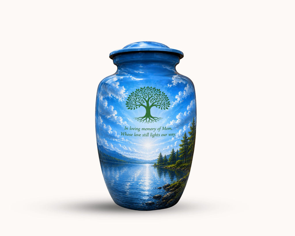 tree of life blue lake cremation urn for human ashes, handmade aluminum memorial urn – photo 4