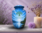 tree of life blue lake cremation urn for human ashes, handmade aluminum memorial urn – photo 6