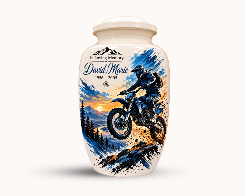 dirt bike motocross cremation urn for human ashes, handmade aluminum memorial urn – photo 2