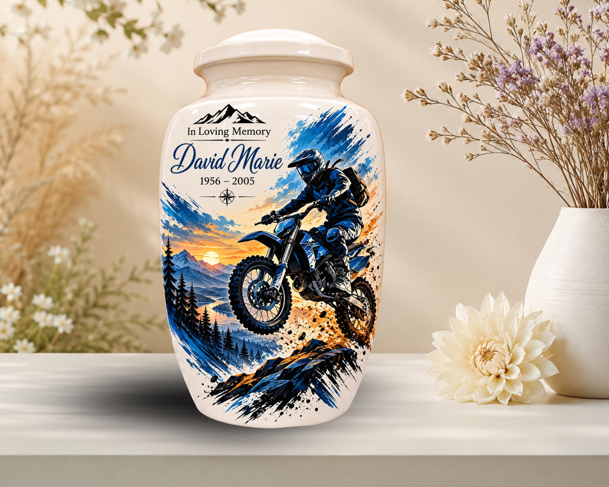 dirt bike motocross cremation urn for human ashes, handmade aluminum memorial urn – photo 4