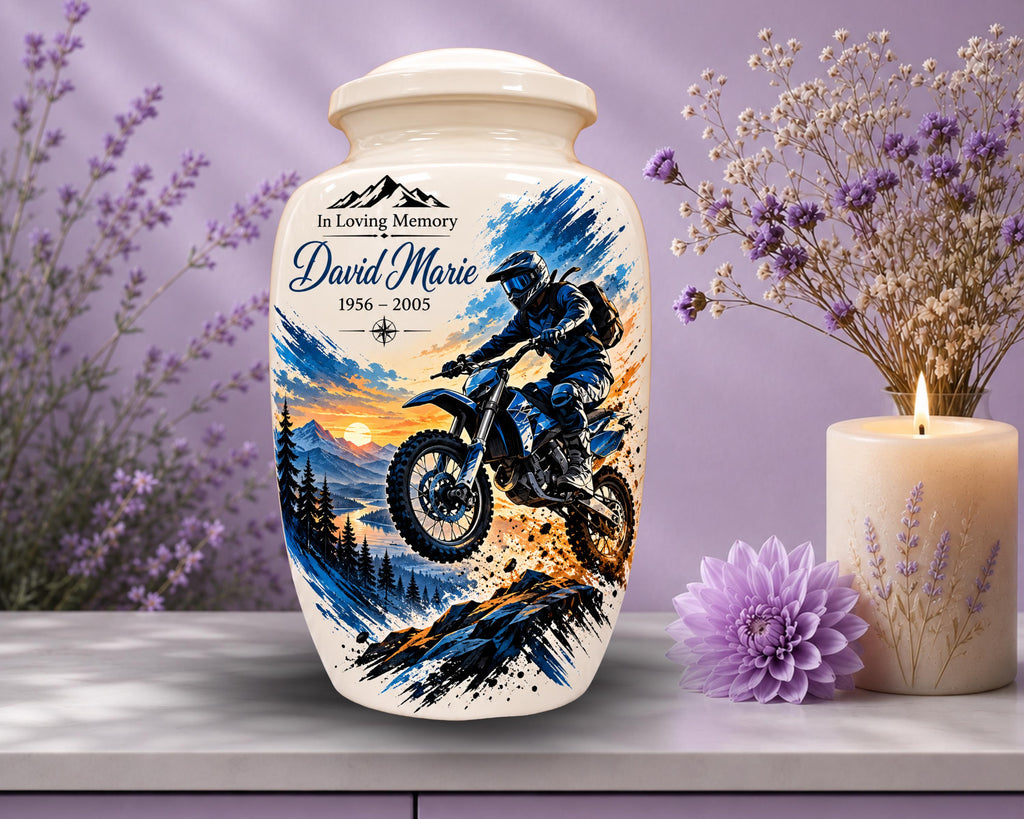 dirt bike motocross cremation urn for human ashes, handmade aluminum memorial urn – photo 3