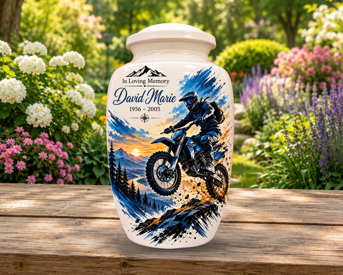 dirt bike motocross cremation urn for human ashes, handmade aluminum memorial urn – photo 1