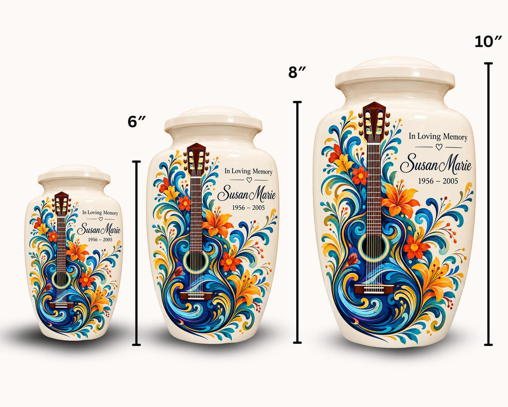 guitar floral cremation urn for human ashes, handmade aluminum memorial urn – photo 2