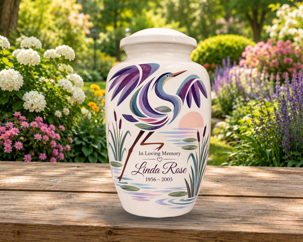 swan lily pond cremation urn for human ashes, handmade aluminum memorial urn – photo 4