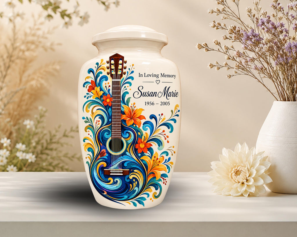 guitar floral cremation urn for human ashes, handmade aluminum memorial urn – photo 6