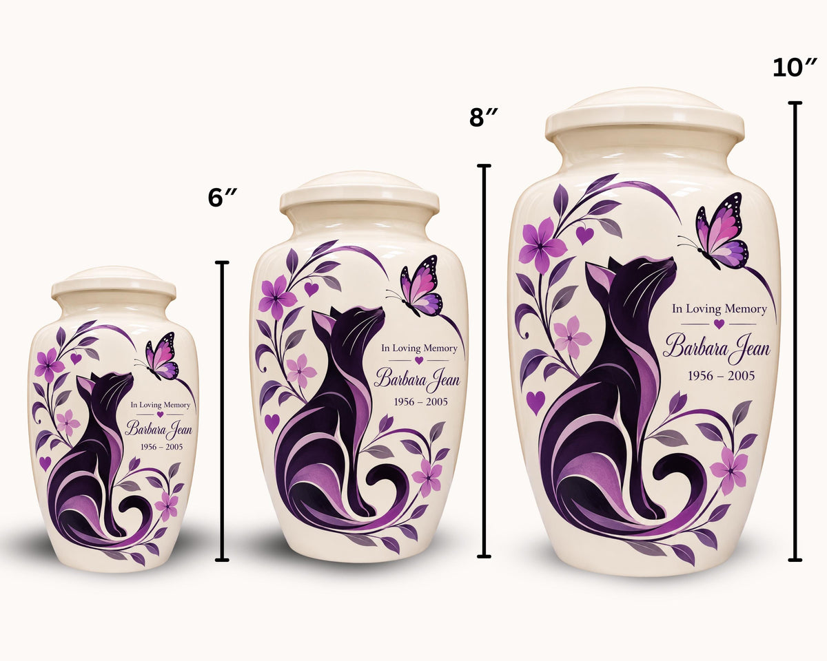 black cat purple floral cremation urn for pet ashes, handmade aluminum memorial urn – photo 3