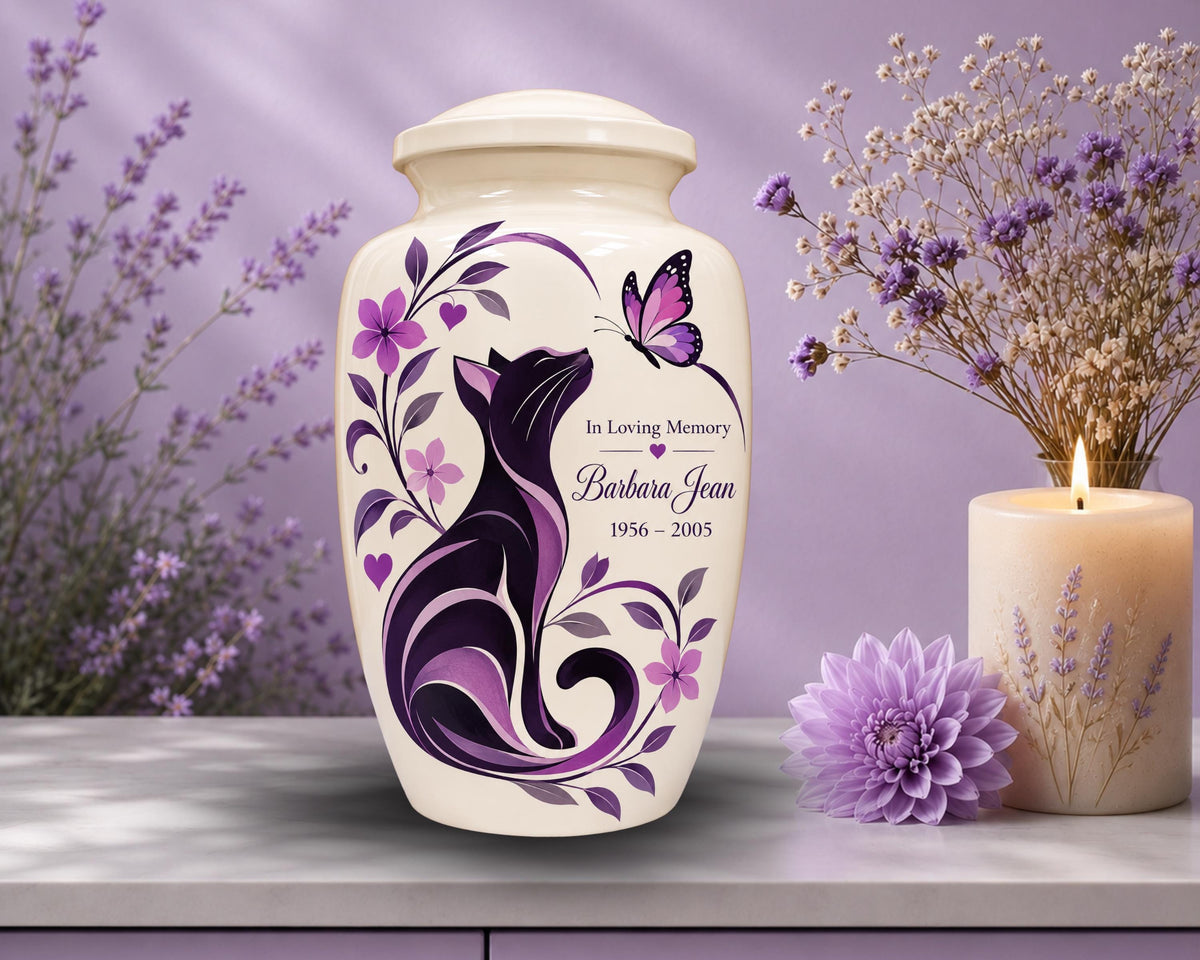 black cat purple floral cremation urn for pet ashes, handmade aluminum memorial urn – photo 5