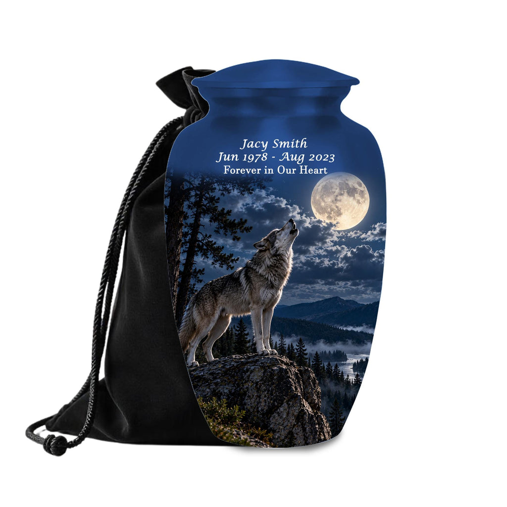 howling wolf full moon cremation urn for human ashes, handmade aluminum memorial urn – photo 4