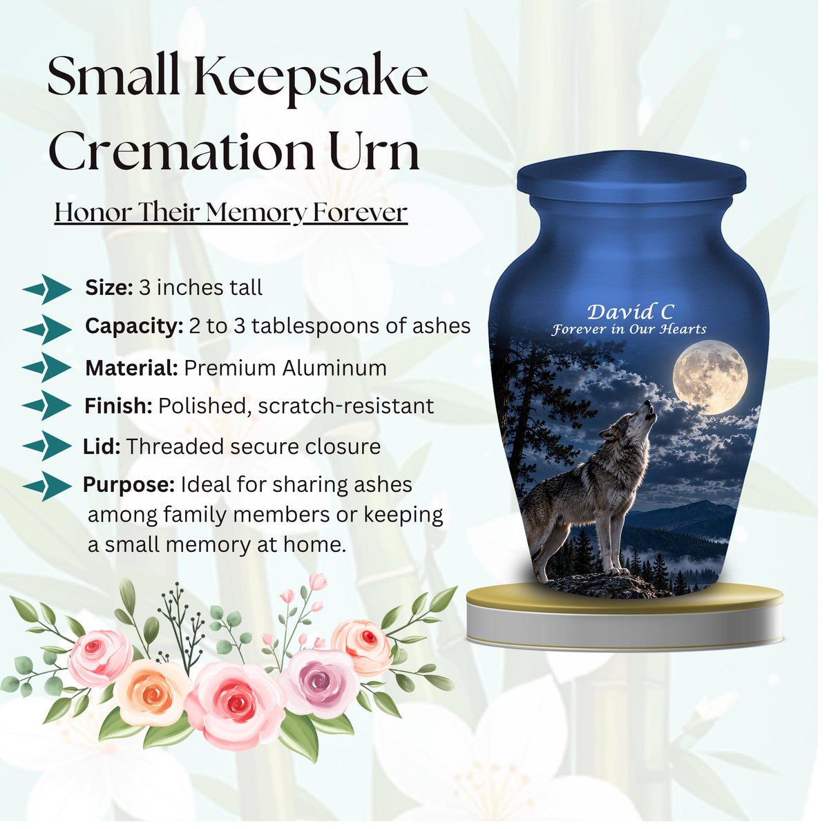 howling wolf full moon cremation urn for human ashes, handmade aluminum memorial urn – photo 3