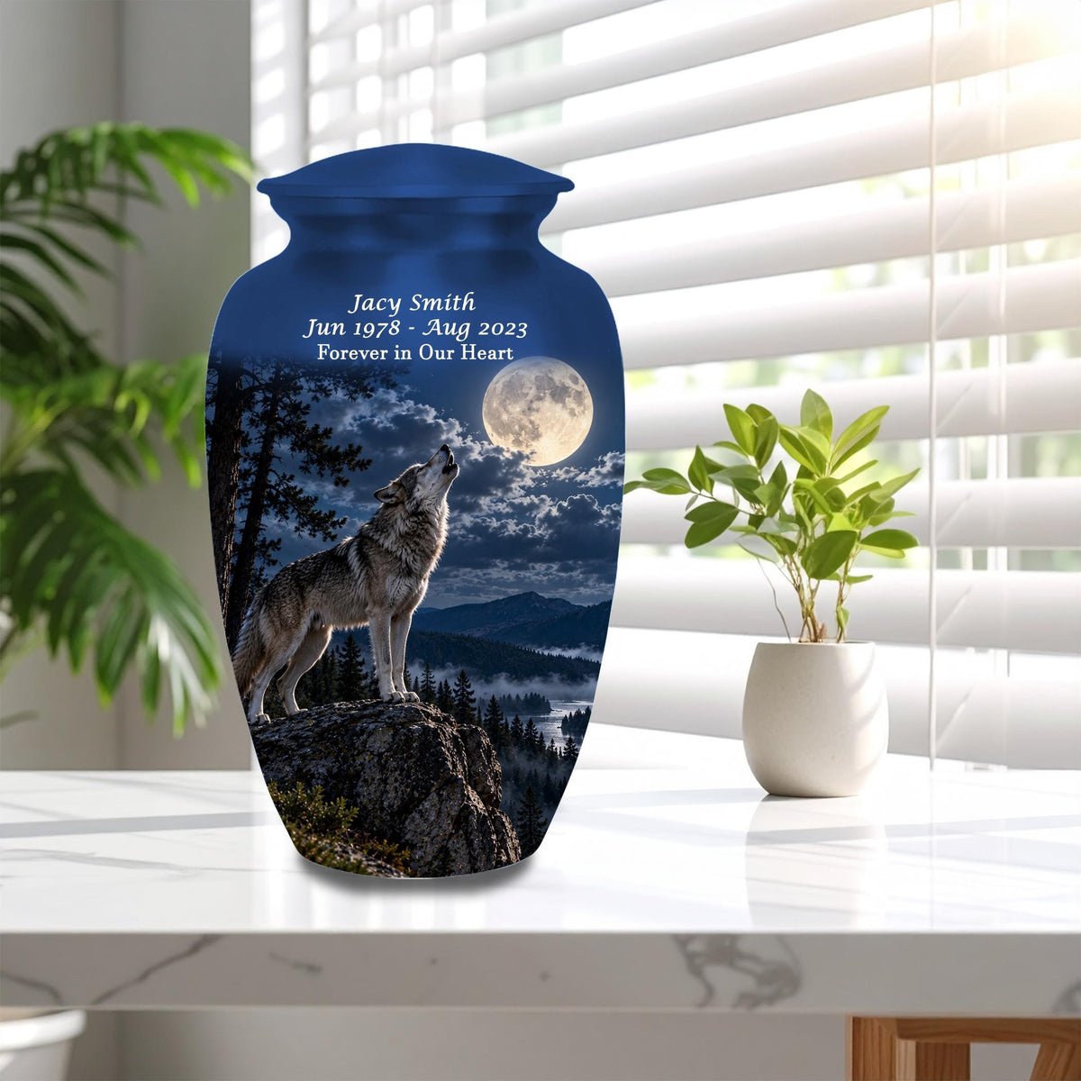 howling wolf full moon cremation urn for human ashes, handmade aluminum memorial urn – photo 5