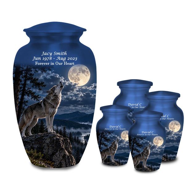 howling wolf full moon cremation urn for human ashes, handmade aluminum memorial urn – photo 1