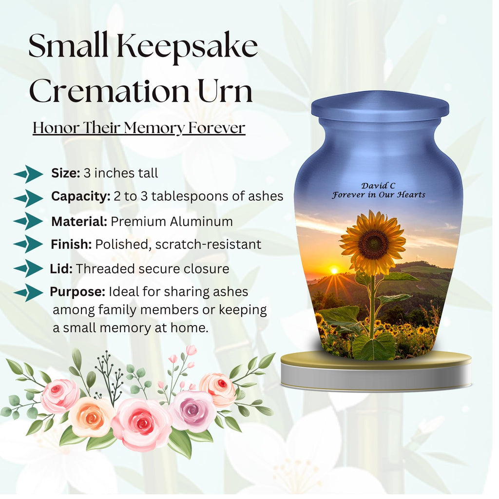 sunflower sunrise cremation urn for human ashes, handmade aluminum memorial urn – photo 3
