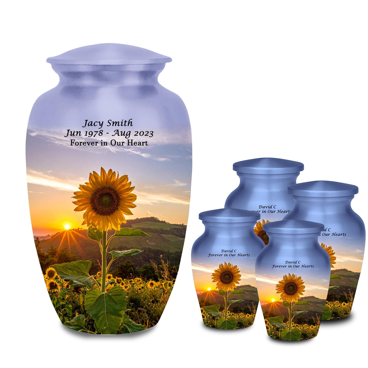 sunflower sunrise cremation urn for human ashes, handmade aluminum memorial urn – photo 1