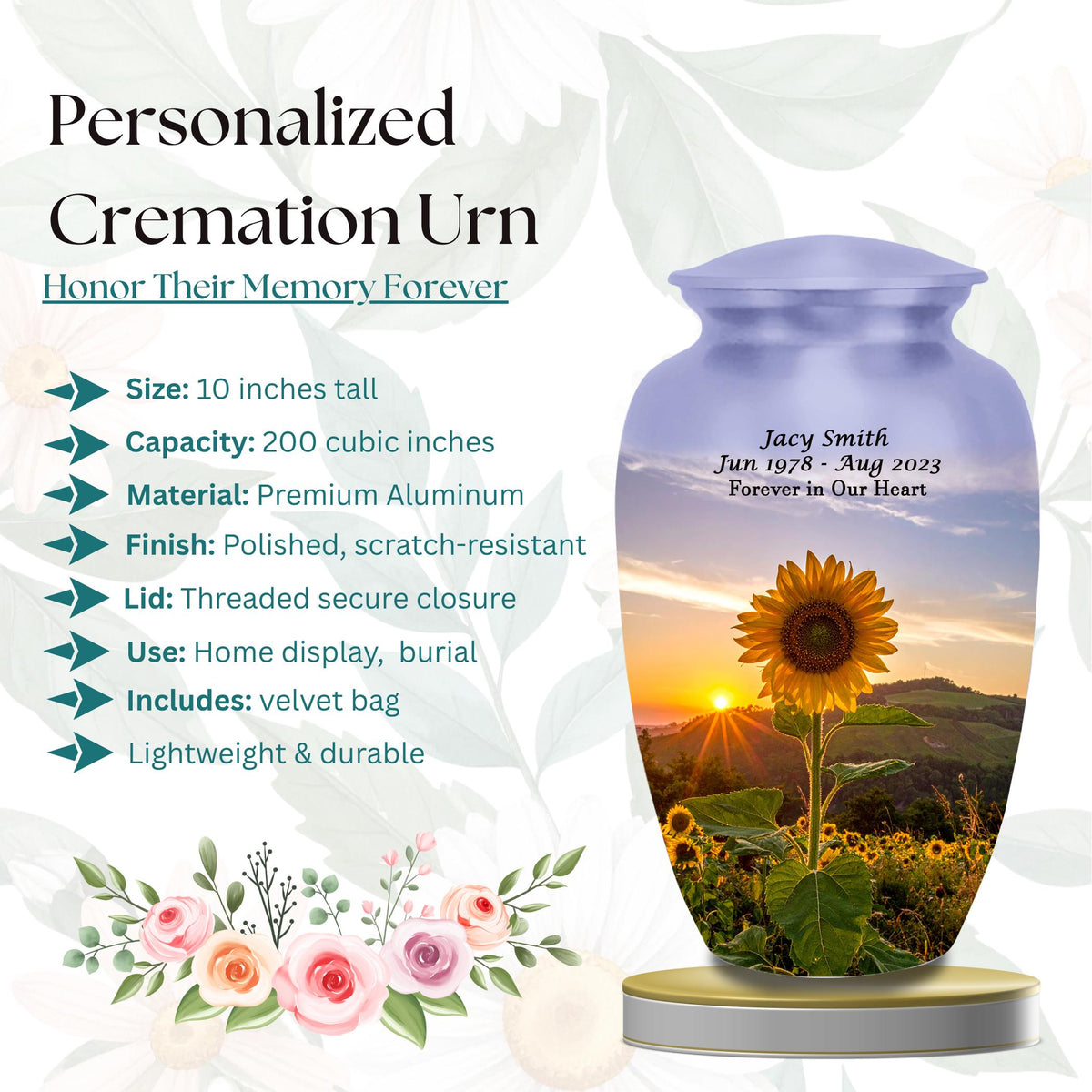 sunflower sunrise cremation urn for human ashes, handmade aluminum memorial urn – photo 2