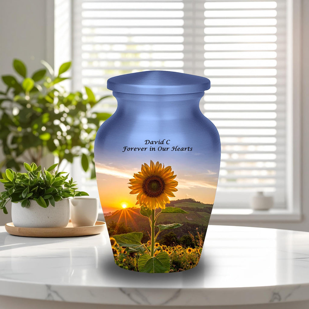 sunflower sunrise cremation urn for human ashes, handmade aluminum memorial urn – photo 9
