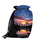 snowy mountain sunset cremation urn for human ashes, handmade aluminum memorial urn – photo 3
