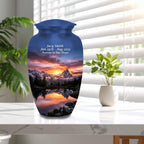 snowy mountain sunset cremation urn for human ashes, handmade aluminum memorial urn – photo 4