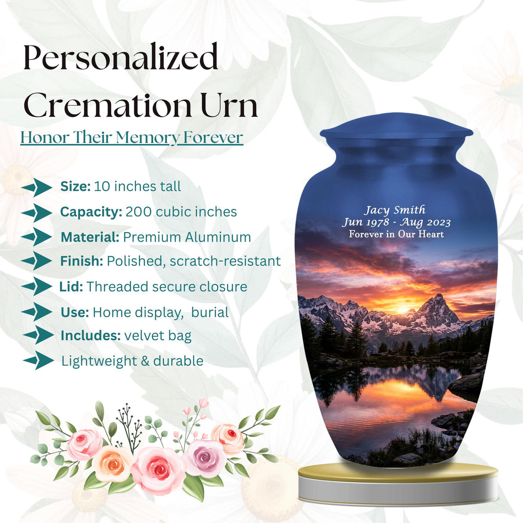 snowy mountain sunset cremation urn for human ashes, handmade aluminum memorial urn – photo 9