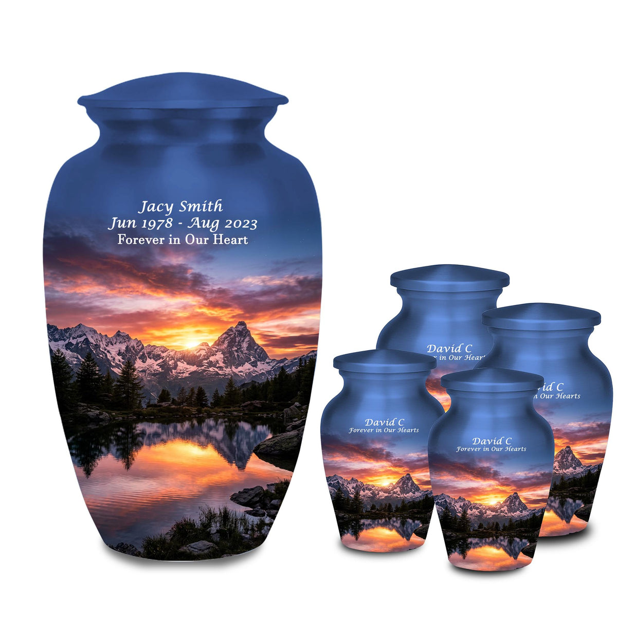 snowy mountain sunset cremation urn for human ashes, handmade aluminum memorial urn – photo 1