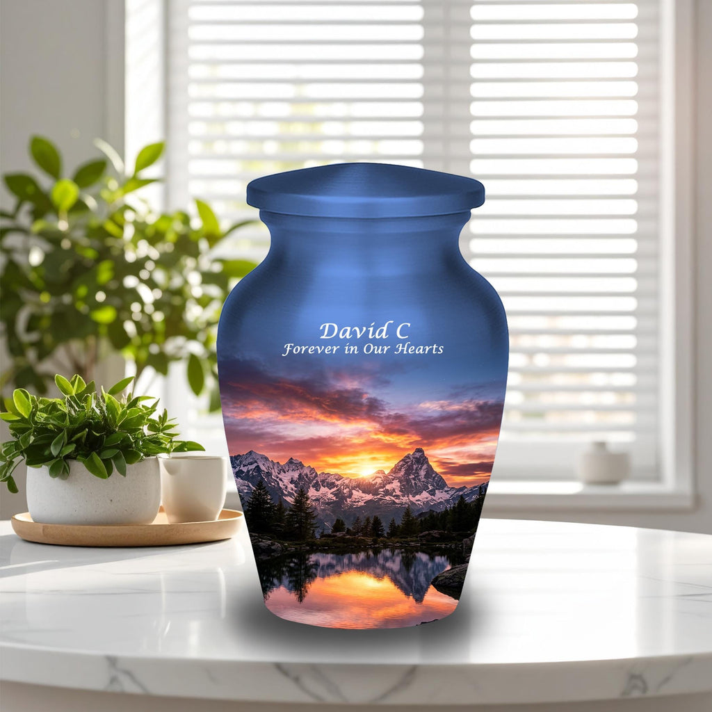 snowy mountain sunset cremation urn for human ashes, handmade aluminum memorial urn – photo 2