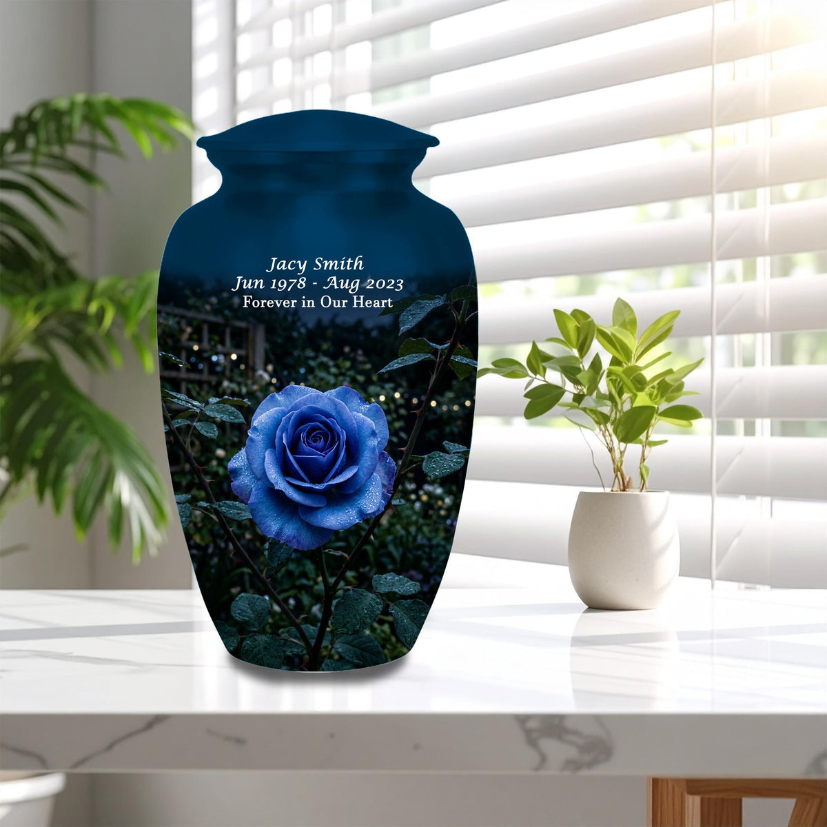 blue rose garden cremation urn for human ashes, handmade aluminum memorial urn – photo 5