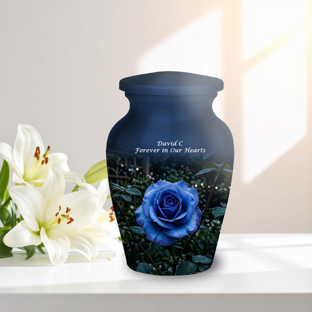 blue rose garden cremation urn for human ashes, handmade aluminum memorial urn – photo 10