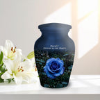 blue rose garden cremation urn for human ashes, handmade aluminum memorial urn – photo 10