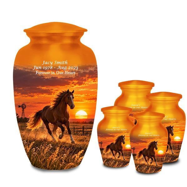 galloping horse western sunset cremation urn for human ashes, handmade aluminum memorial urn – photo 1
