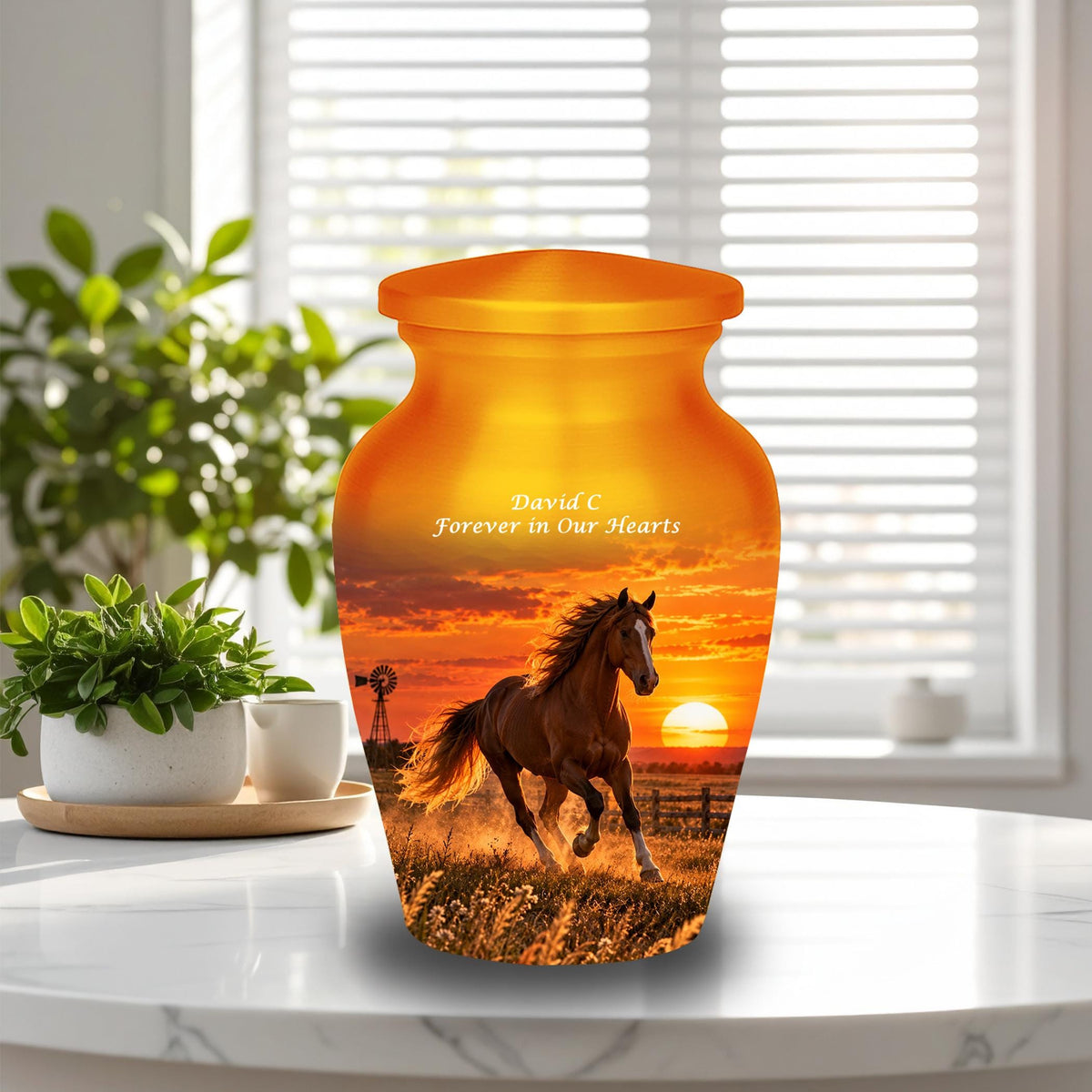 galloping horse western sunset cremation urn for human ashes, handmade aluminum memorial urn – photo 9