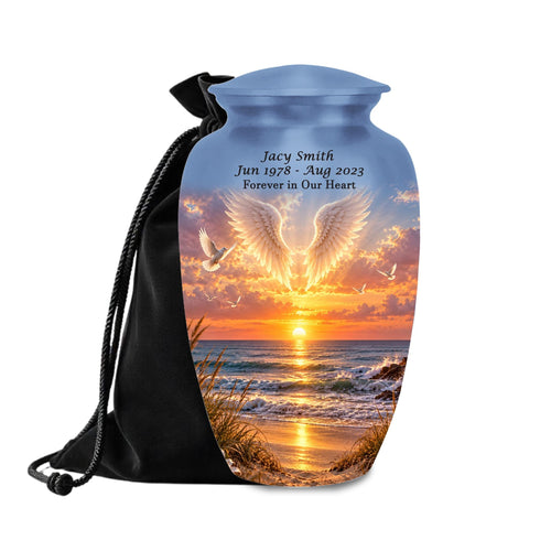 angel wings golden shore cremation urn for human ashes, handmade aluminum memorial urn – photo 1