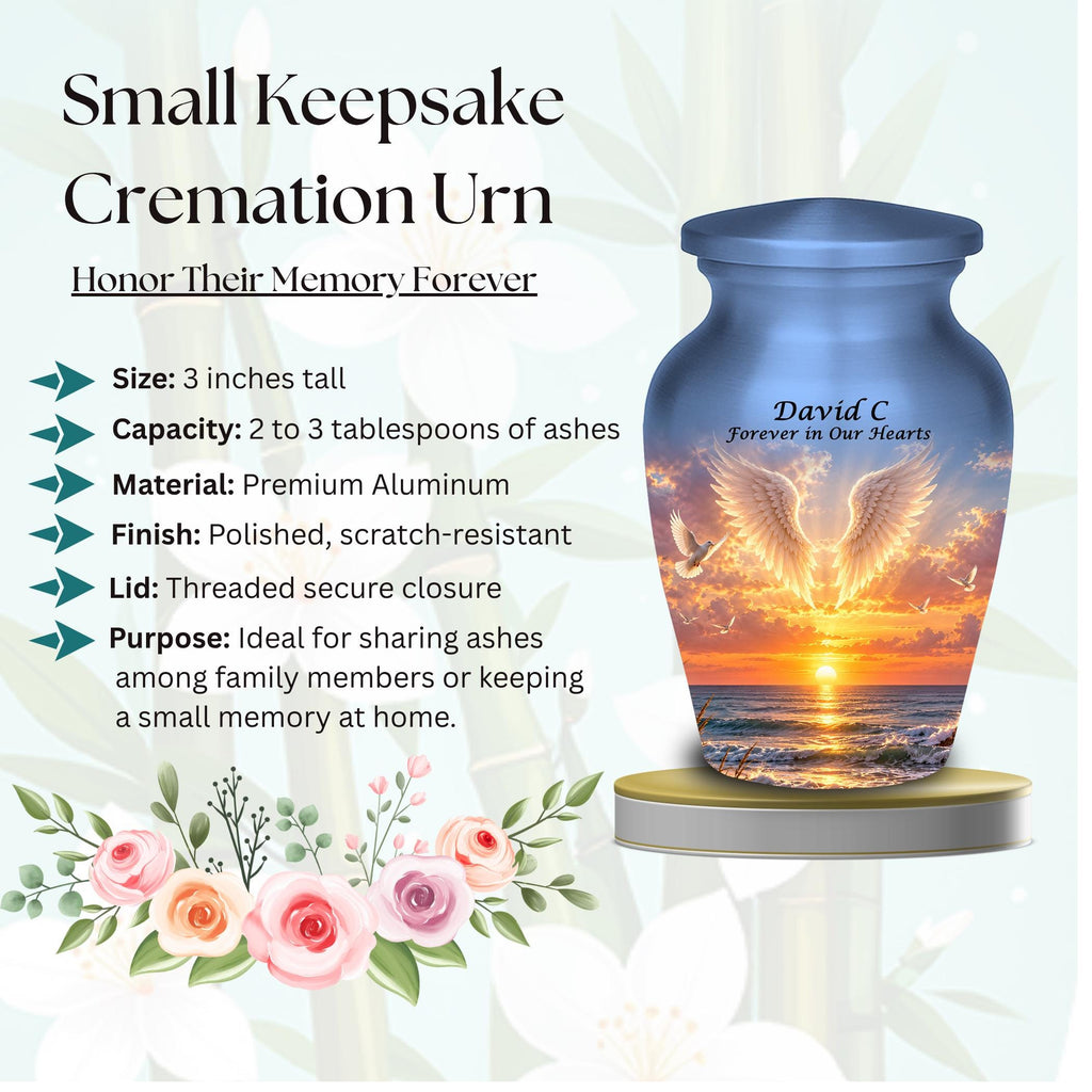 angel wings golden shore cremation urn for human ashes, handmade aluminum memorial urn – photo 3