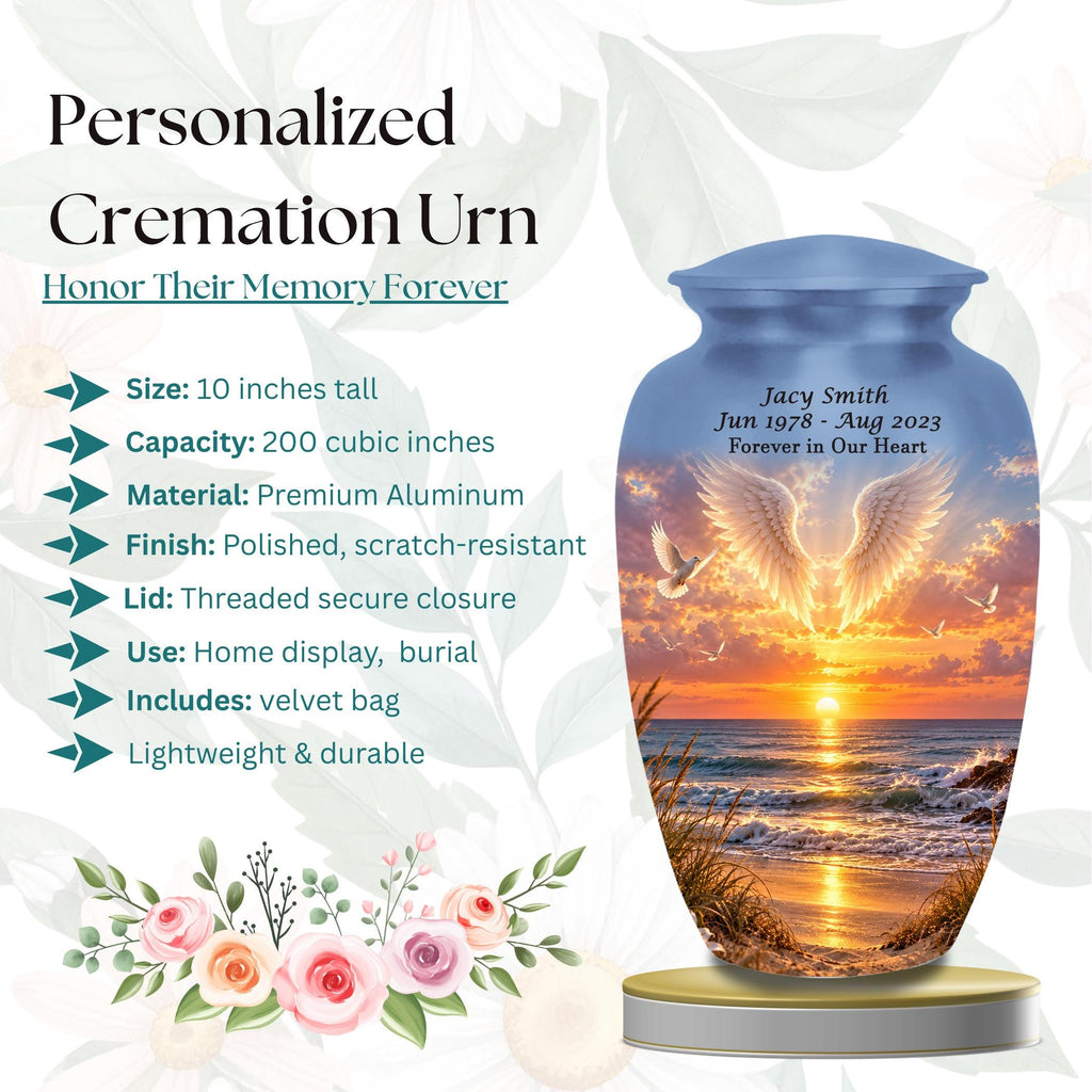 angel wings golden shore cremation urn for human ashes, handmade aluminum memorial urn – photo 2