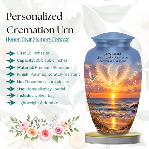 angel wings golden shore cremation urn for human ashes, handmade aluminum memorial urn – photo 2