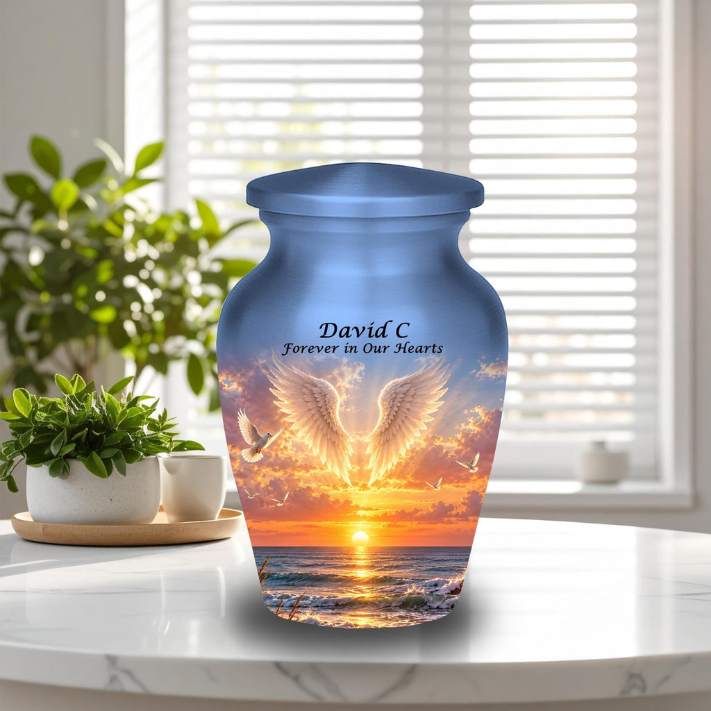 angel wings golden shore cremation urn for human ashes, handmade aluminum memorial urn – photo 9