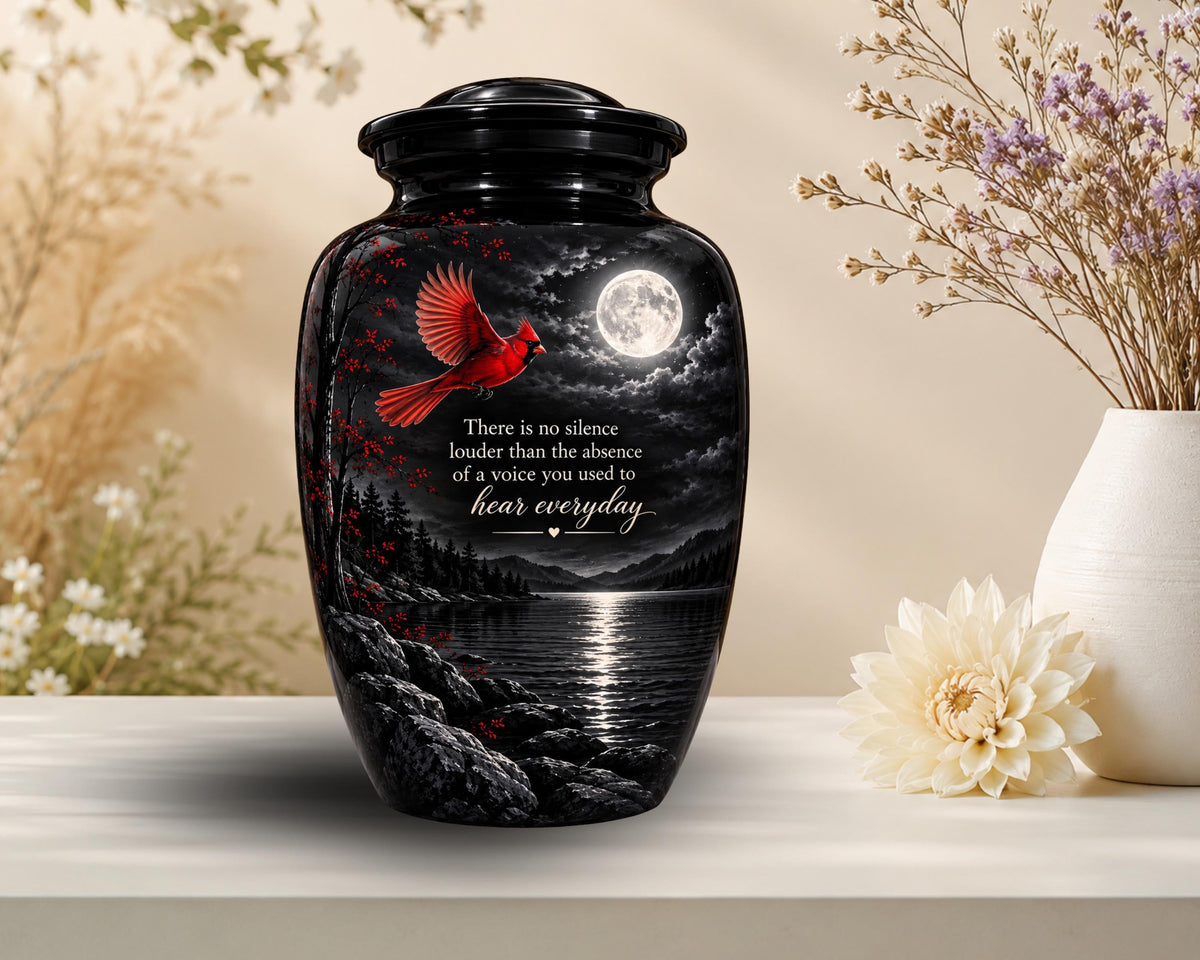 red cardinal moonlight cremation urn for human ashes, handmade aluminum memorial urn – photo 2