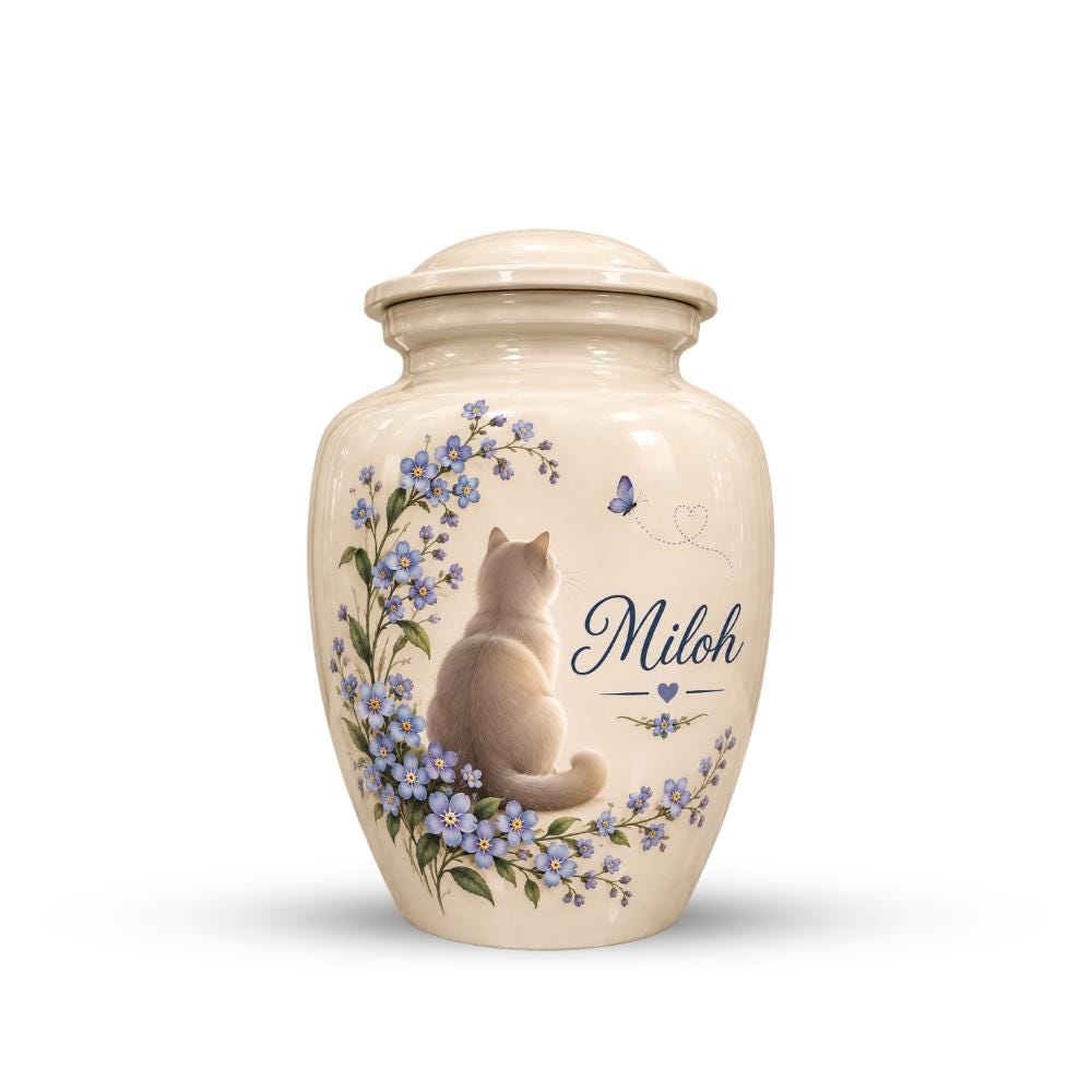 cat forget me not cremation urn for pet ashes, handmade aluminum memorial urn – photo 3