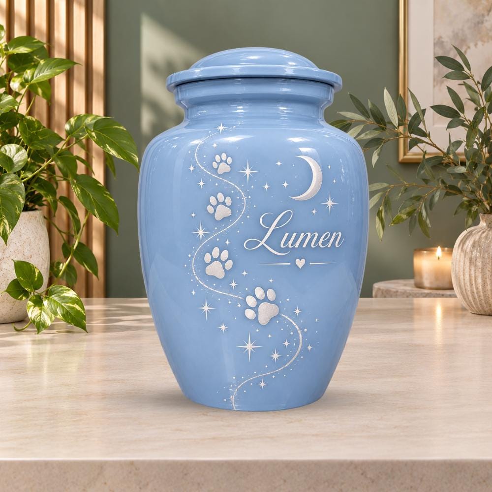blue paw print star cremation urn for pet ashes, handmade aluminum memorial urn – photo 4