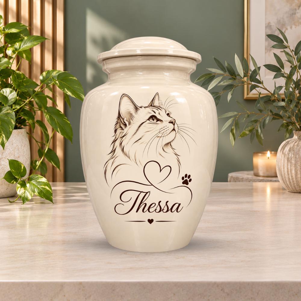 line art cat portrait cremation urn for pet ashes, handmade aluminum memorial urn – photo 5