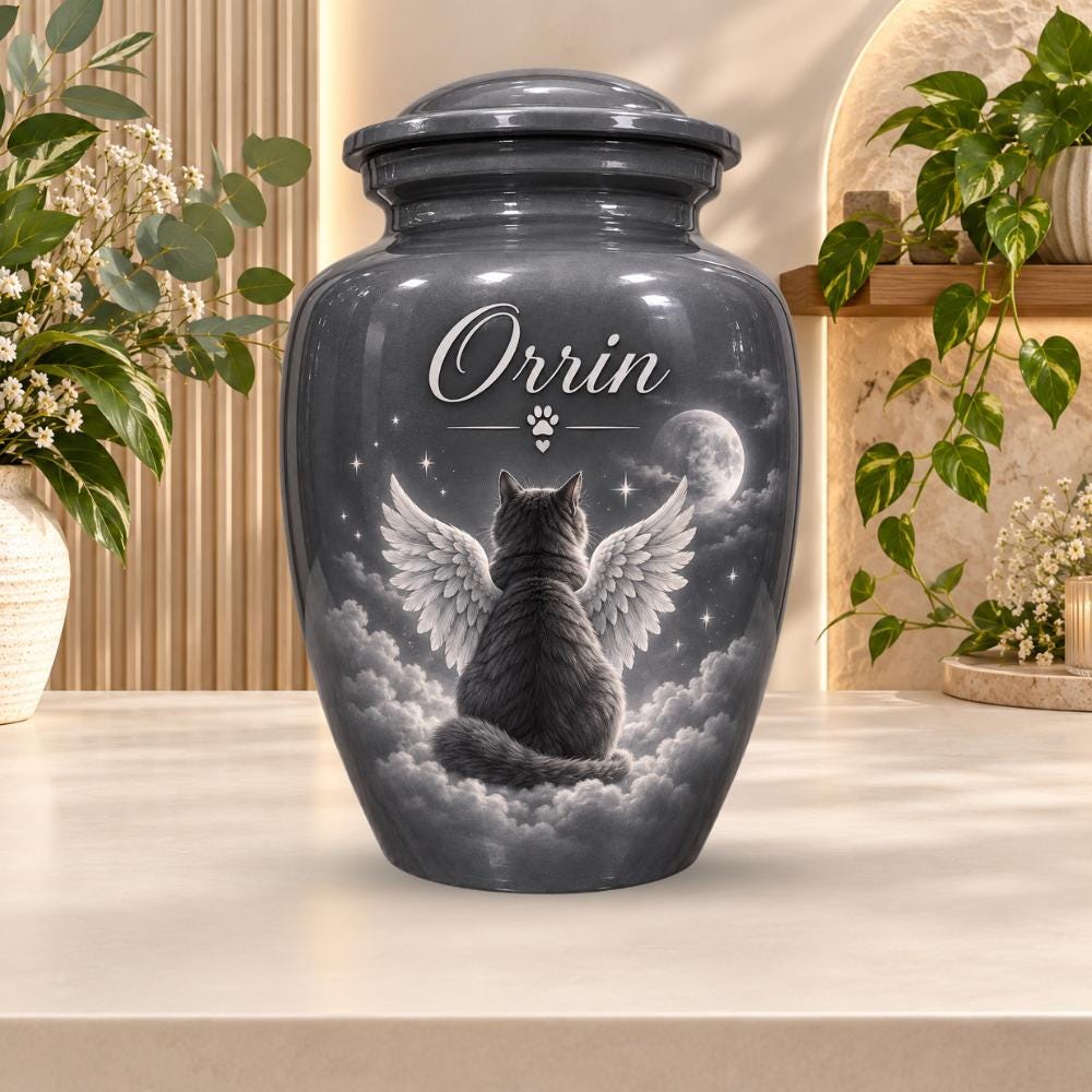 angel wings cat moon cremation urn for pet ashes, handmade aluminum memorial urn – photo 1