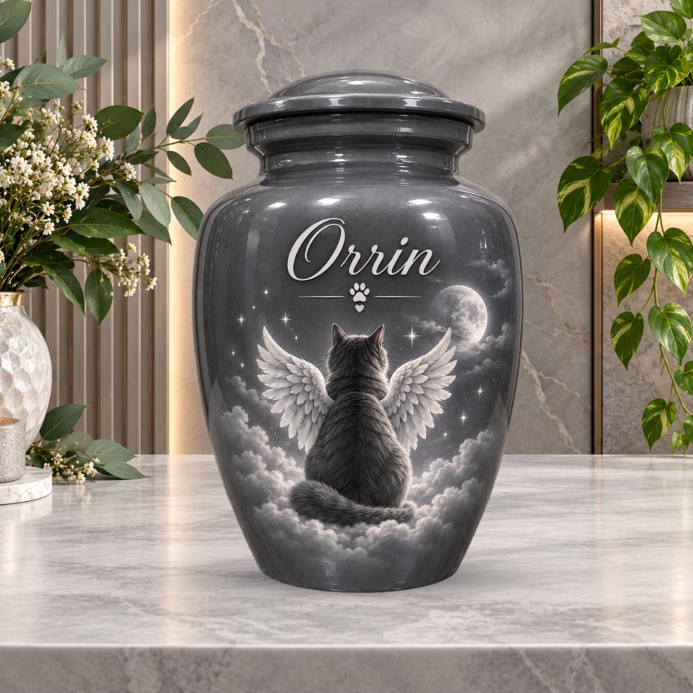 angel wings cat moon cremation urn for pet ashes, handmade aluminum memorial urn – photo 5
