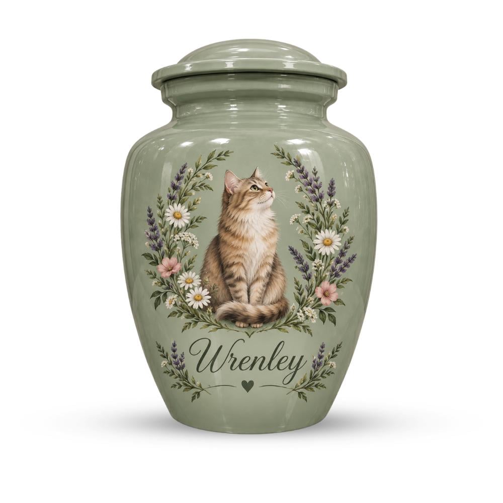 sage green tabby cat cremation urn for pet ashes, handmade aluminum memorial urn – photo 3