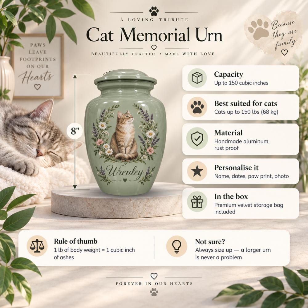 sage green tabby cat cremation urn for pet ashes, handmade aluminum memorial urn – photo 2