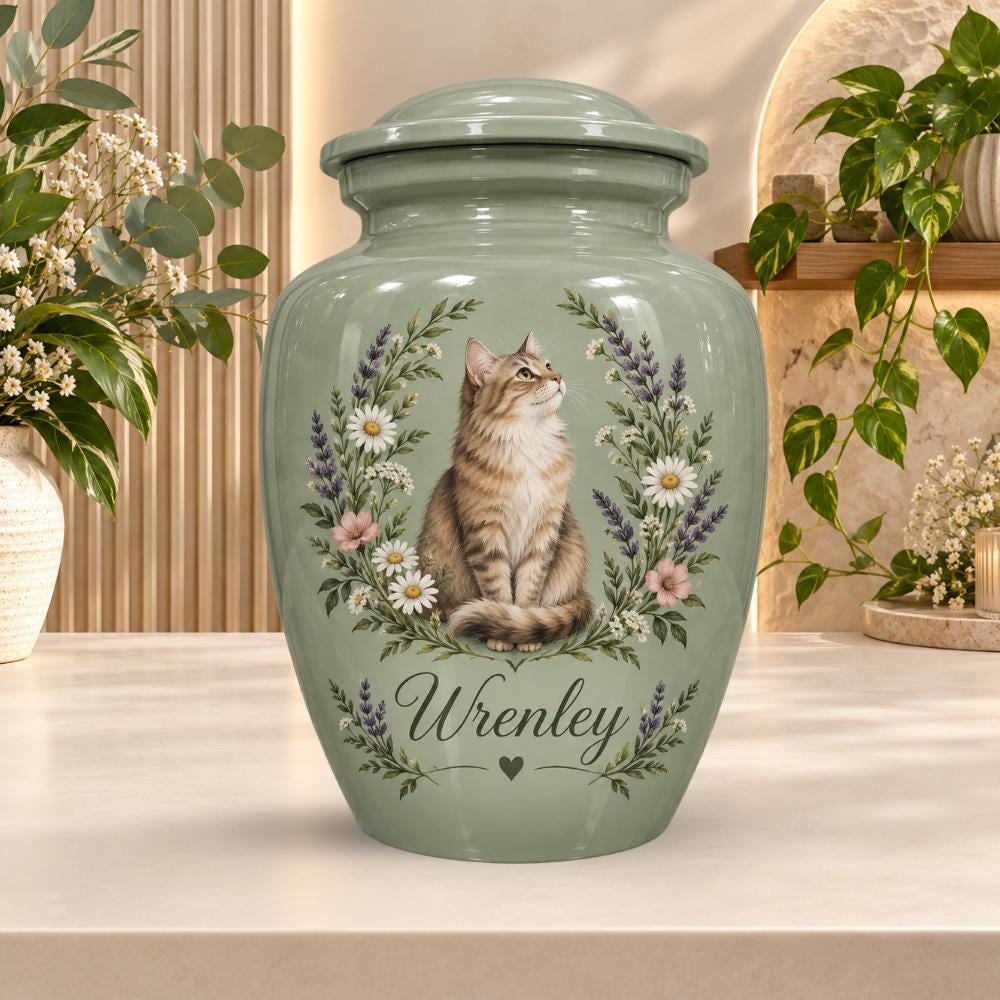 sage green tabby cat cremation urn for pet ashes, handmade aluminum memorial urn – photo 1