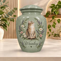 sage green tabby cat cremation urn for pet ashes, handmade aluminum memorial urn – photo 1