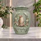 sage green tabby cat cremation urn for pet ashes, handmade aluminum memorial urn – photo 5