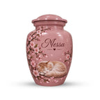 sleeping cat cherry blossom cremation urn for pet ashes, handmade aluminum memorial urn – photo 2
