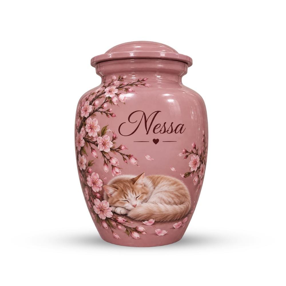 sleeping cat cherry blossom cremation urn for pet ashes, handmade aluminum memorial urn – photo 2