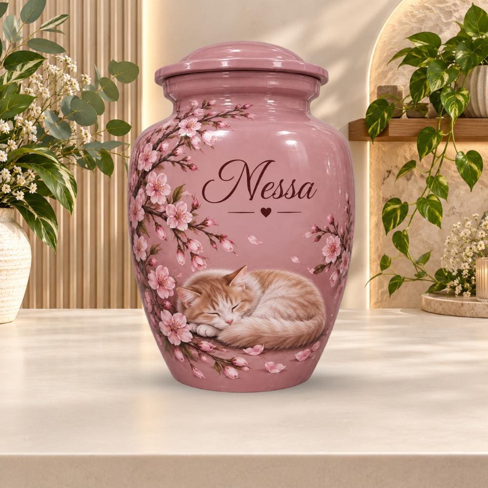sleeping cat cherry blossom cremation urn for pet ashes, handmade aluminum memorial urn – photo 3