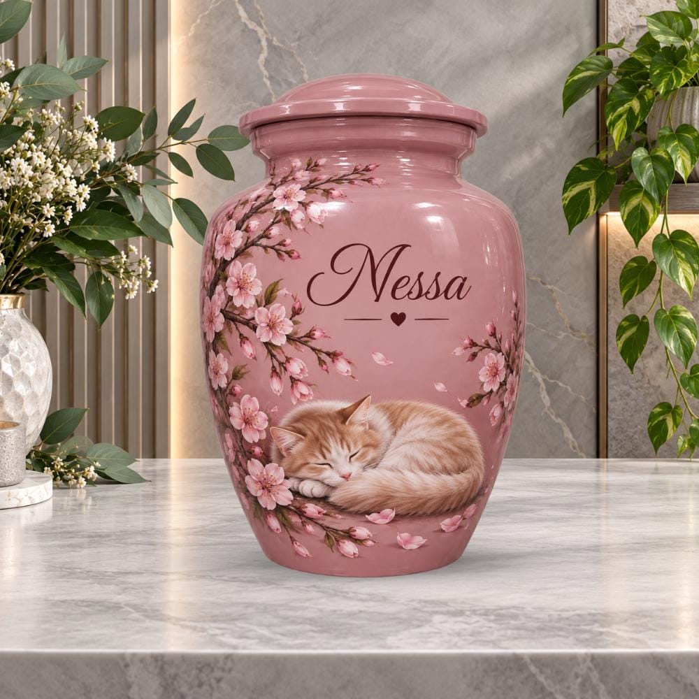 sleeping cat cherry blossom cremation urn for pet ashes, handmade aluminum memorial urn – photo 4