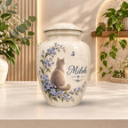 cat forget me not cremation urn for pet ashes, handmade aluminum memorial urn – photo 1